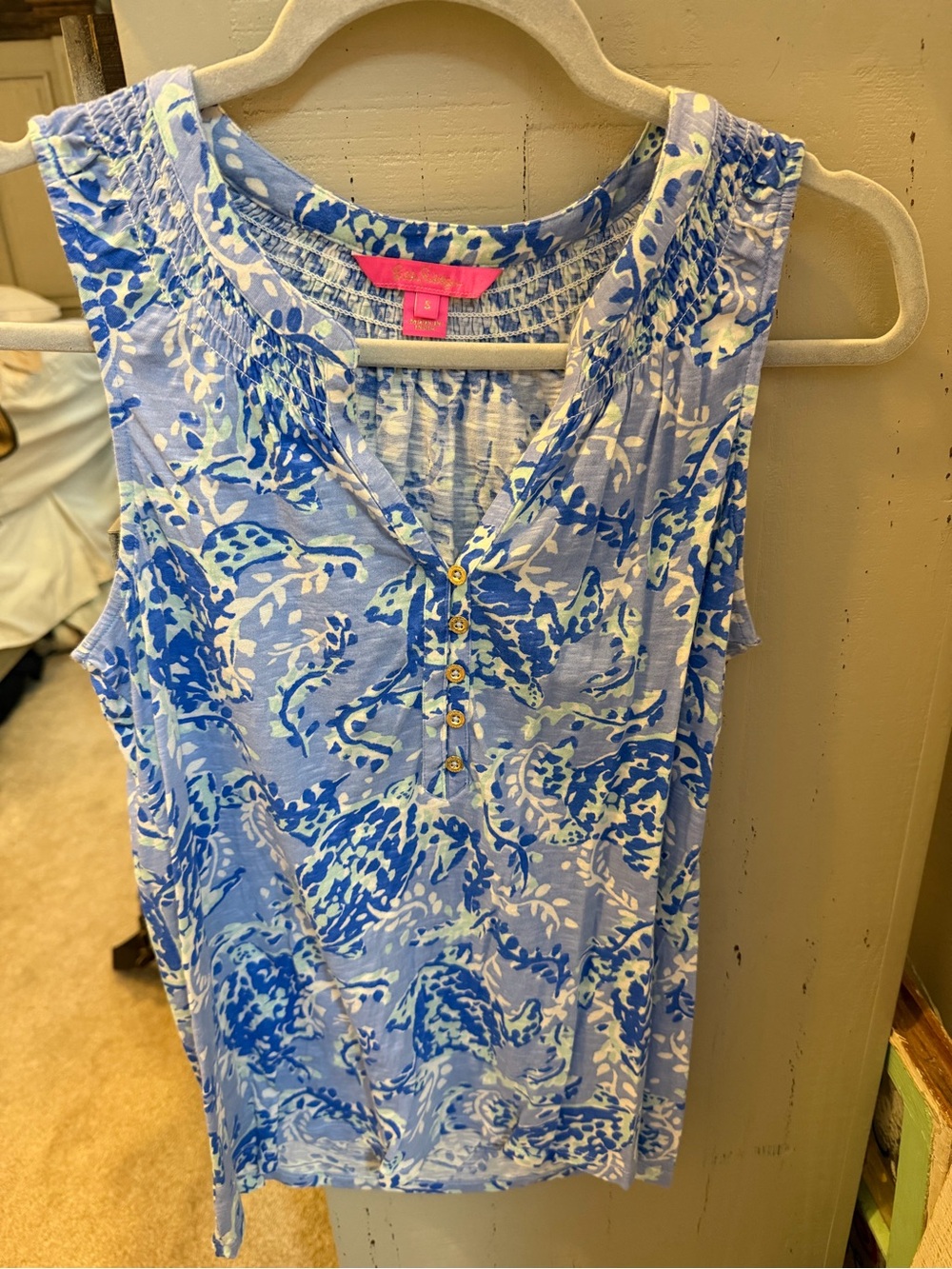 Lilly Pulitzer Blue Printed Sleeveless Henley Tank